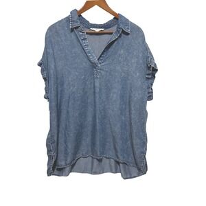 Jane +‎ Delancey Women Top 1X Blue Chambray Ruffle Sleeve Collar Western Cowgirl